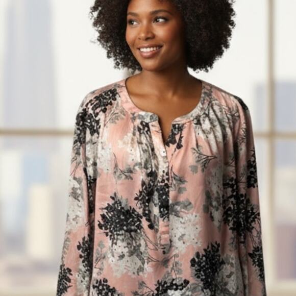 Talbots Woman Floral Blouse Womens Size 1X Pink Gray Black V-Neck Career Top - Picture 4 of 9